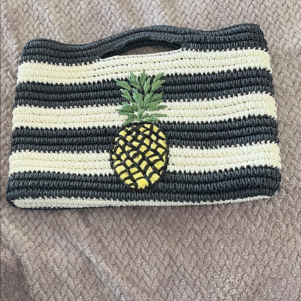 Talbots Blue and White Straw Clutch Tote with Pineapple Accent NWOT